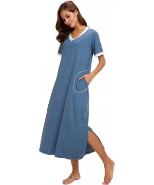 Nightgowns & Sleepshirts Nightgown Women Cotton Knit Lounge Dress V Neck Nightshirt - Blue - C418EO70X6C