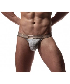 Briefs Men's Belt Print Bulge Pouch Breathable G-Sting Bikini Backless Underwear - Light Gray - CX18QSX5HKU