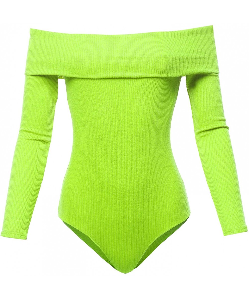 Shapewear Women's Solid Off The Shoulder Bodycon Knitted Bodysuit - Aawbsl0002 Neon Lime - CC18YUOIIQ4