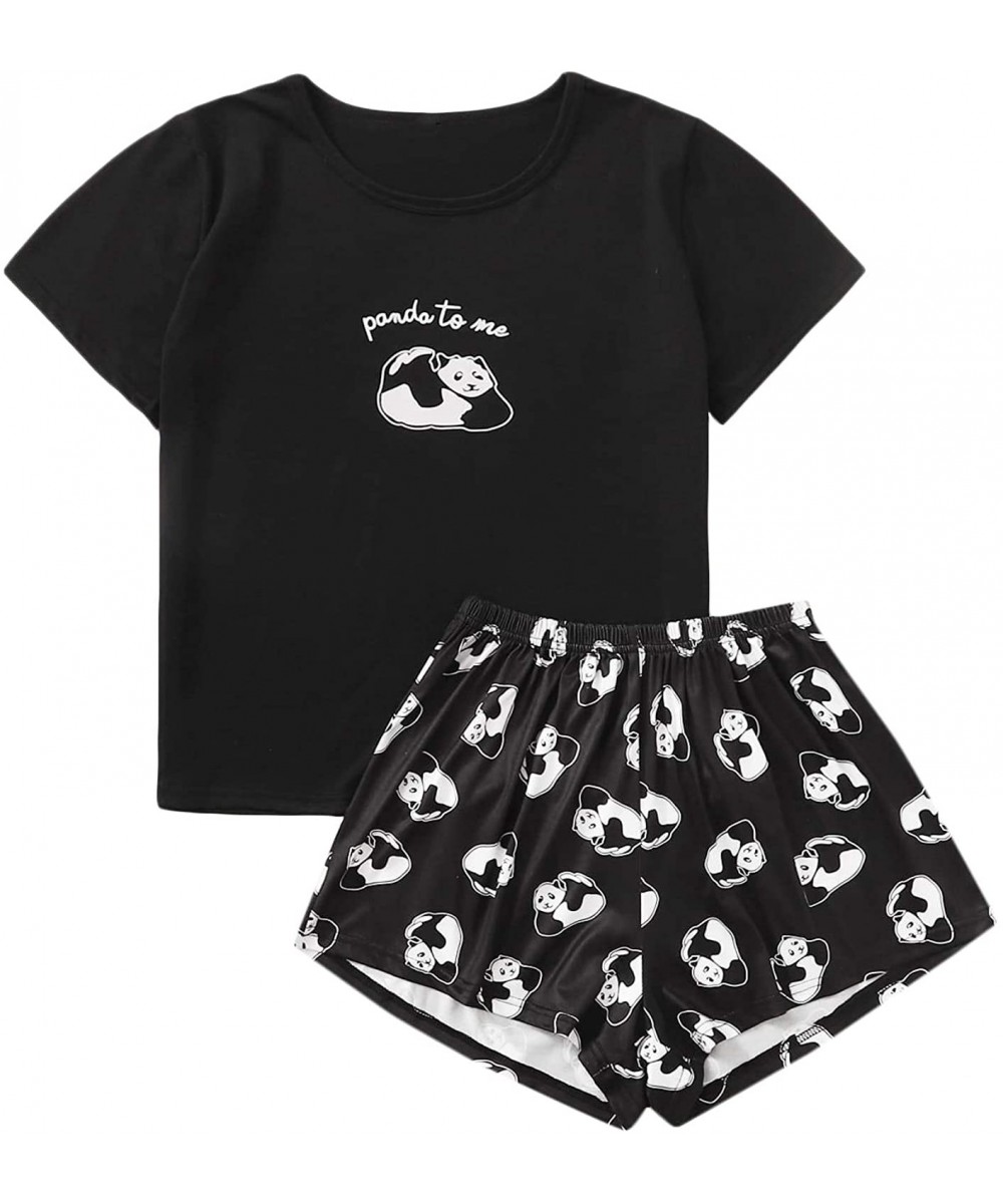 Sets Women's 2 Piece Cute Print Tee Shirt & Short Sleepwear Loungewear Pajama Sets - Black - CB19DY95D29