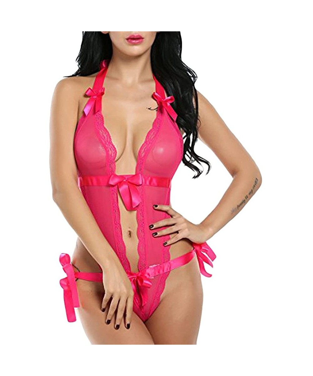 Bras Women Sex-Women Lace Mesh Chemises Lingerie Mini Teddy Babydoll Strappy Sleepwear Nightwear - Hot Pink 420c - CH18RXCT5RK