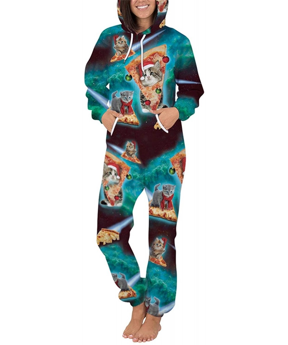 Sleep Sets Unisex 3D Print Jumpsuits Galaxy Animal Hooded One Piece Pajama - Christmas Pizza Cat - CF18YMCLLS0