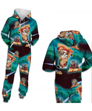 Sleep Sets Unisex 3D Print Jumpsuits Galaxy Animal Hooded One Piece Pajama - Christmas Pizza Cat - CF18YMCLLS0