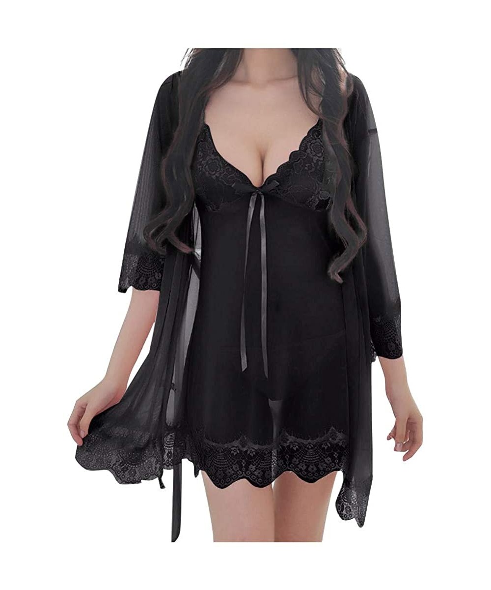 Robes PJ Women's Sexy Silk Kimono Dressing Babydoll Lace Lingerie Belt Bath Robe Nightwear - Yblack - CR194R74TQ0