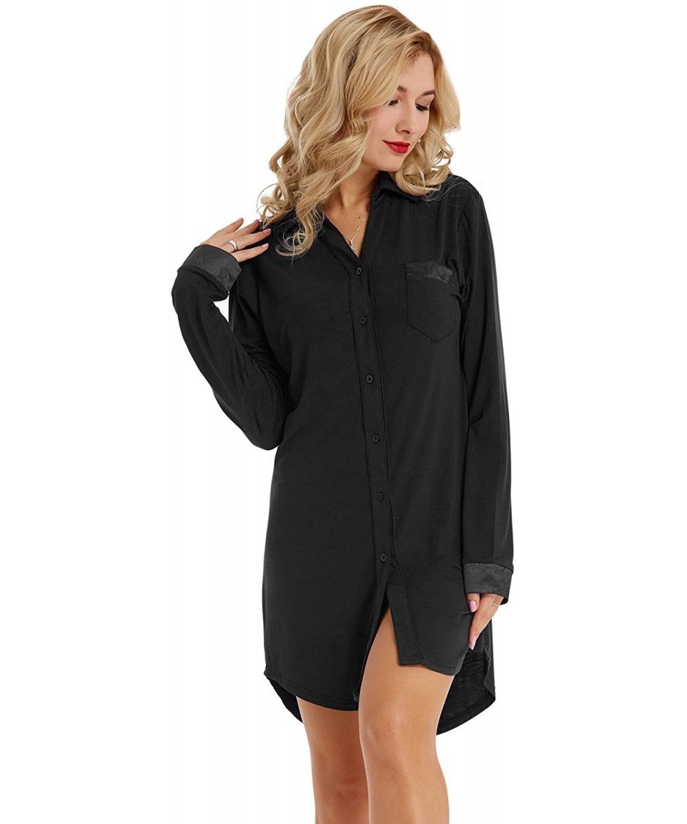 Nightgowns & Sleepshirts Women Long Sleeve Pajama Top Button Down Lapel Sleep Shirt Dress - Black - CP188Q2KDWL