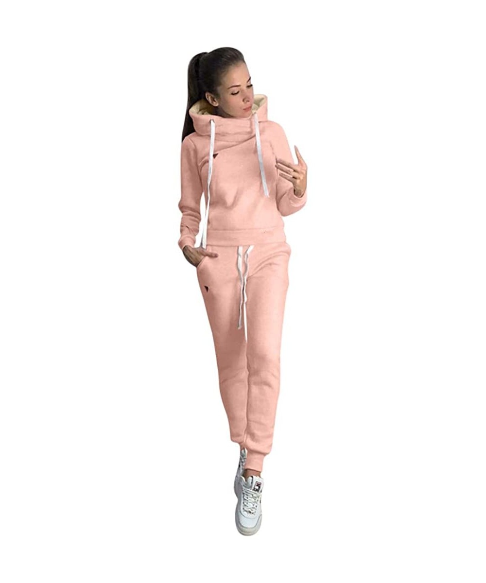 Thermal Underwear Womens Casual Fashion Solid Hooded Long Sleeve Sport Tops+Long Pants Set - Pink - CP192SOIC0S