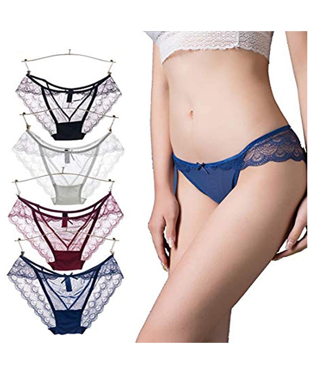 Panties Sexy Womens Underwear 4 Pack Peacock Pattern Transparent Soft Lace Briefs Lingerie - Style 1- 4 Pack - CG185O23A0S