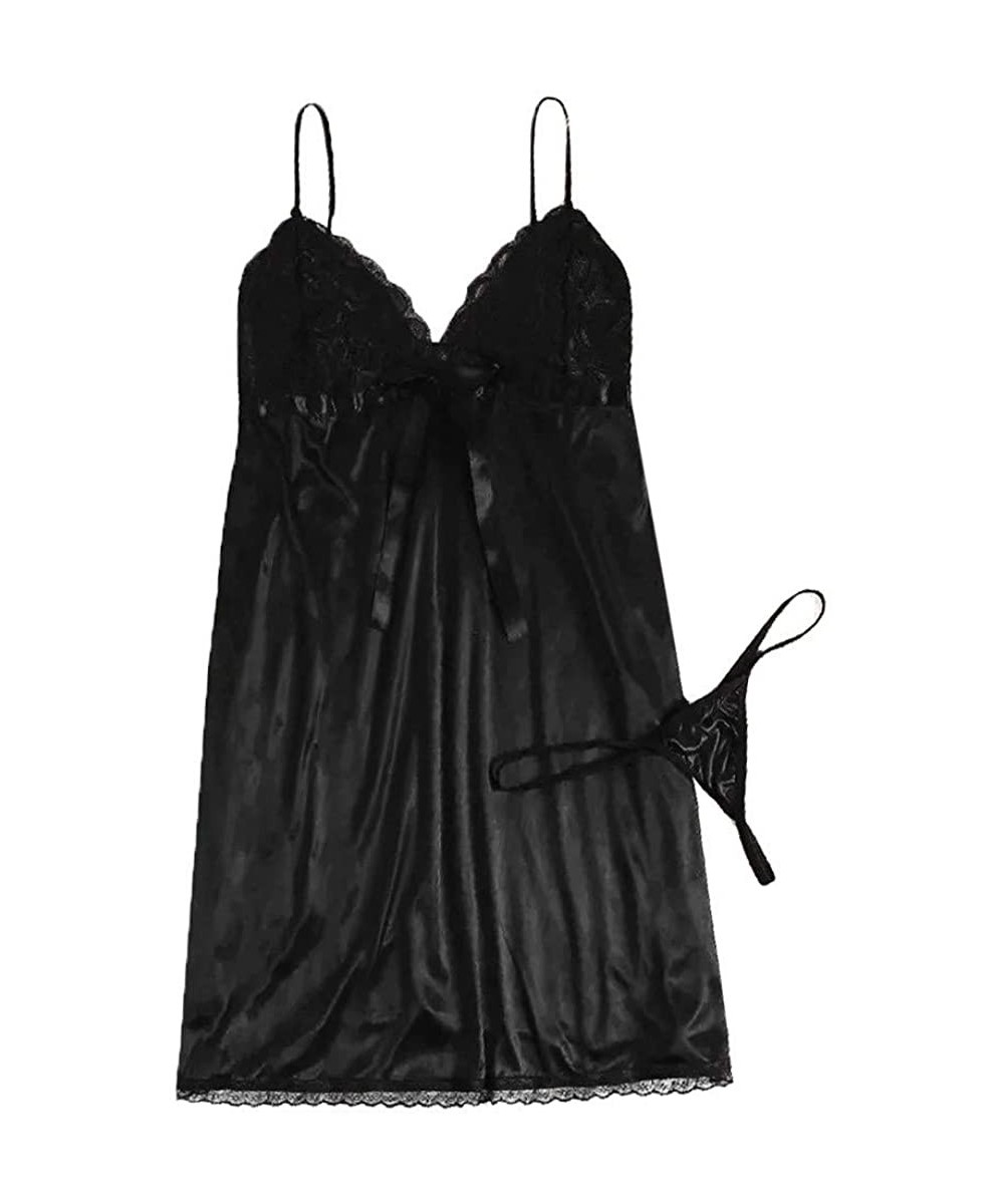 Slips Women Plus Size V-Neck Bow Nightdress with Thong Lingerie Set Underwear S-3XL - Black - CP18AI5484O