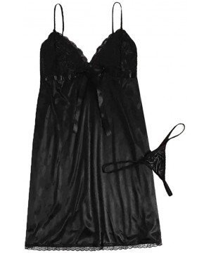 Slips Women Plus Size V-Neck Bow Nightdress with Thong Lingerie Set Underwear S-3XL - Black - CP18AI5484O