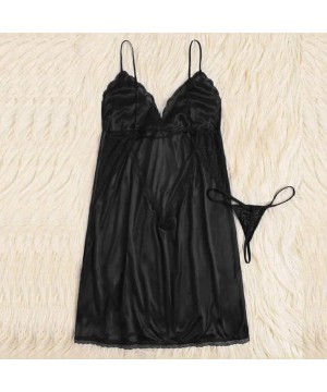 Slips Women Plus Size V-Neck Bow Nightdress with Thong Lingerie Set Underwear S-3XL - Black - CP18AI5484O