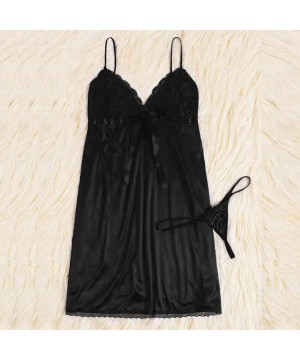 Slips Women Plus Size V-Neck Bow Nightdress with Thong Lingerie Set Underwear S-3XL - Black - CP18AI5484O