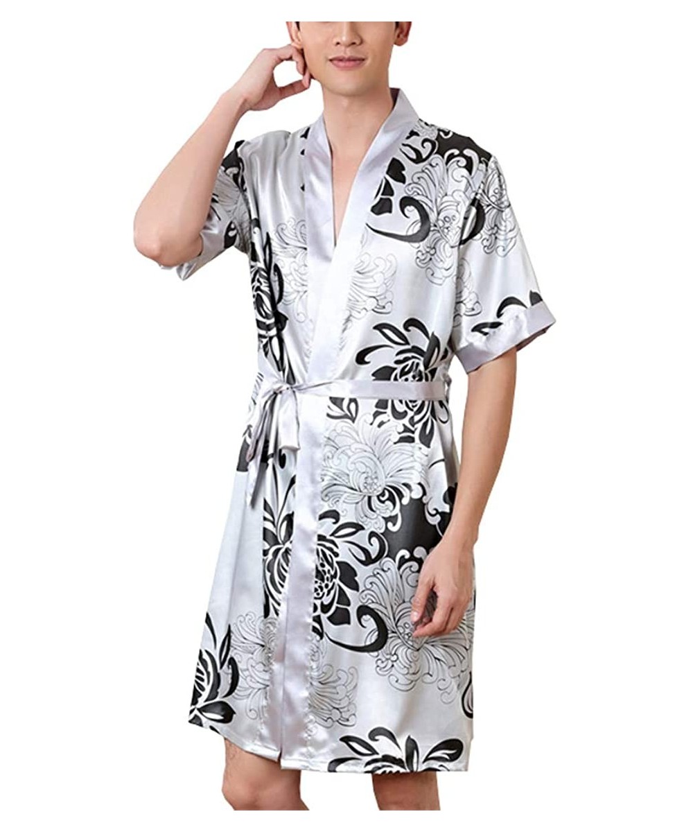 Robes Men's Short Sleeve Pajama Nightwear Silk Bathrobe - Gray - CY18A8WUYCL