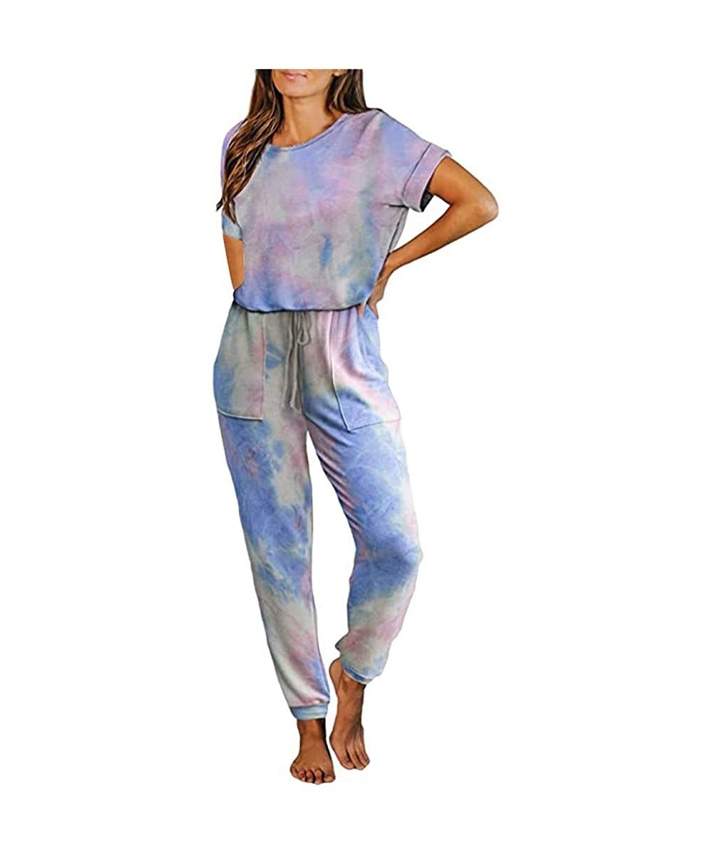 Sets Ladies Short Sleeve Tie-Dye Jumpsuit One Piece Pajamas Loose Sleepwear Negligee Nightie Bridal Babydoll for Women - Mult...