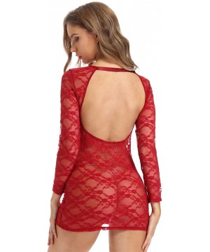 Baby Dolls & Chemises Women's Sexy Hollow Out Lingerie Backless Sheer Floral Lace Chemise Babydoll Long Sleeve Slip Bodysuit ...