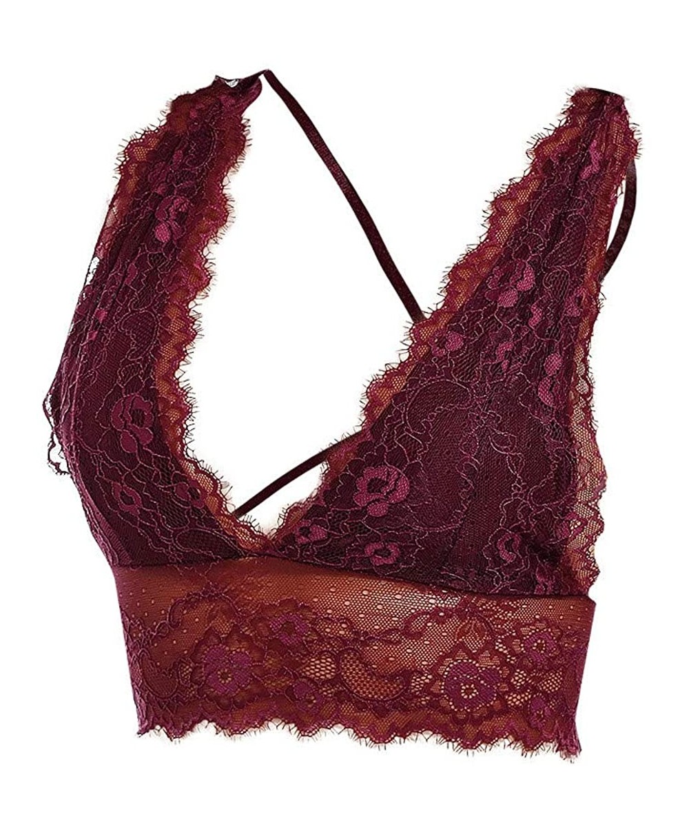 Bras Women's Breathable Sexy Comfy Deep V Lace Bra Underwear Lingerie - Purple - CM196YYIW96