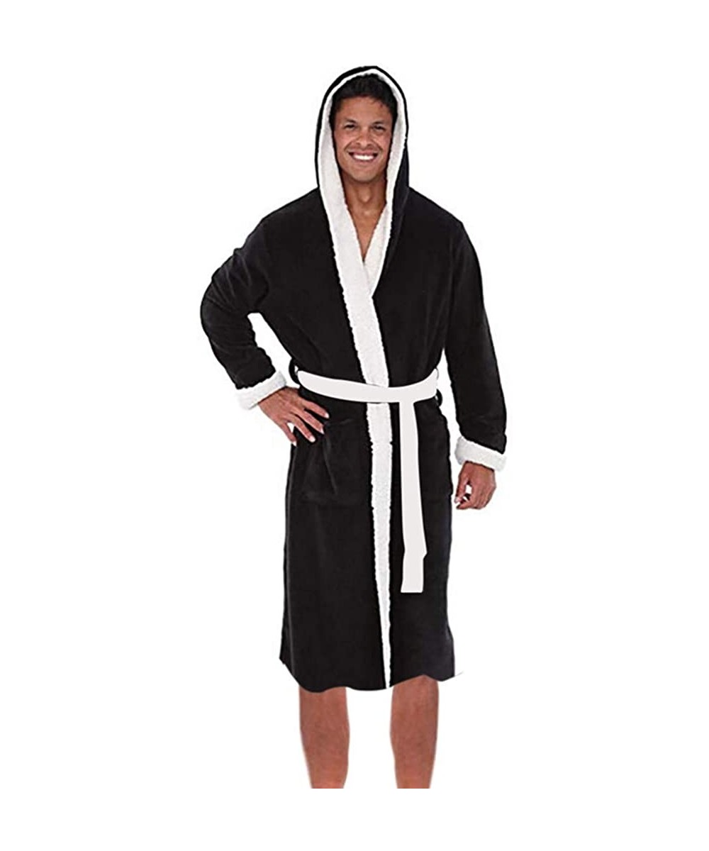 Robes Mens Fleece Robe with Hood- Men's Plush Lengthened Shawl Home Clothes Hooded Belt Bathrobe - Black - CU18LUCKZAQ