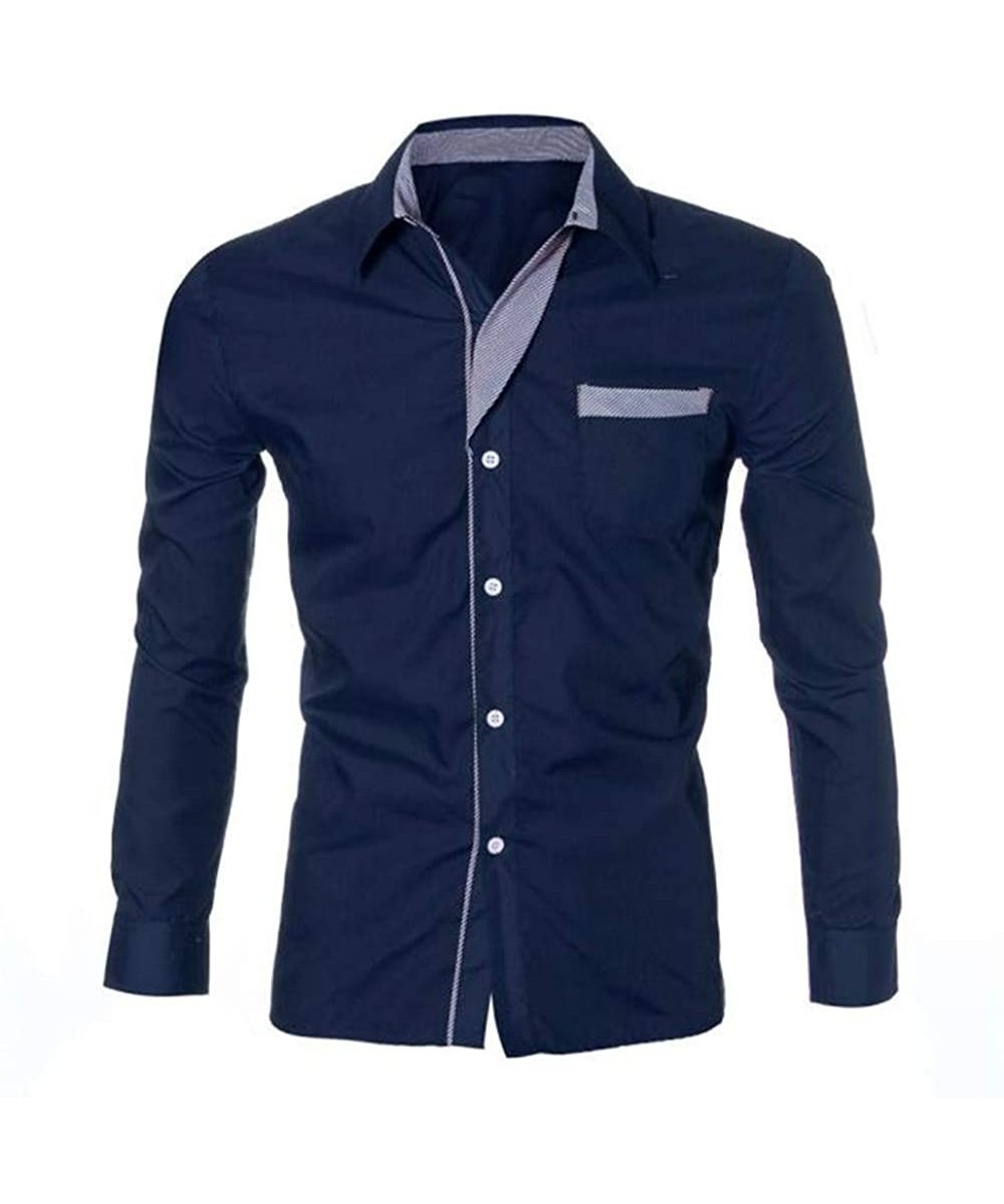 Undershirts Fashion Personality Blouse for Men Casual Slim Fit Long-Sleeved Dress Shirt Top Blouse - Navy 1 - C618AG6CMUH