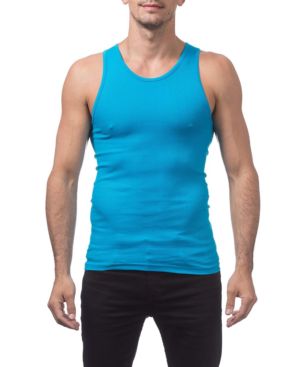 Undershirts Men's Premium Ringspun Cotton Ribbed A-Shirt - Turquoise (2 Pack) - CO1880MZ483