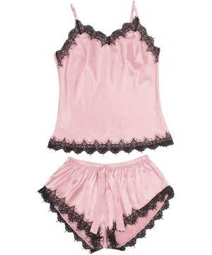 Tops 2PCS Womens Sexy Satin Lingerie Sleeveless Pajamas Embroidery Flower Underwear - B Pink - CX18NZZ5Y3H