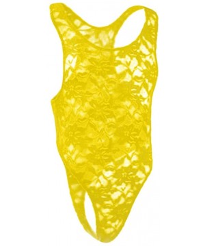 Slips Mens Lingerie Lace Straps Mankini One-Piece V Sling Stretch Singlet Bodysuit - Yellow - CJ18TSM2EGG