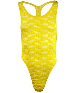 Slips Mens Lingerie Lace Straps Mankini One-Piece V Sling Stretch Singlet Bodysuit - Yellow - CJ18TSM2EGG