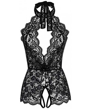 Baby Dolls & Chemises Sheer Lingerie for Women for Sex-Deep V Halter Teddy Bodysuit Lace Babydoll Jumpsuit Open Crotch Underw...