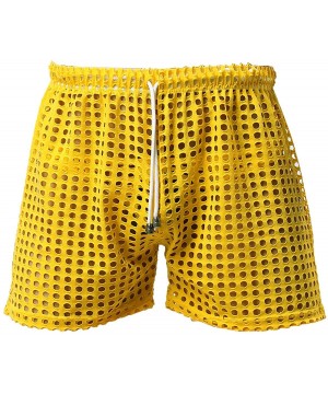 Trunks Mens Hollow Out Fishnet See Through Drawstring Shorts Trunks Lounge Pants Underwear - Yellow - CQ19DS53HA4