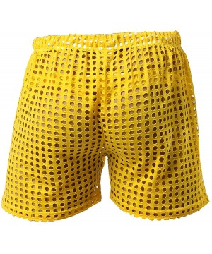 Trunks Mens Hollow Out Fishnet See Through Drawstring Shorts Trunks Lounge Pants Underwear - Yellow - CQ19DS53HA4