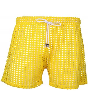 Trunks Mens Hollow Out Fishnet See Through Drawstring Shorts Trunks Lounge Pants Underwear - Yellow - CQ19DS53HA4