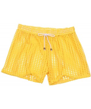 Trunks Mens Hollow Out Fishnet See Through Drawstring Shorts Trunks Lounge Pants Underwear - Yellow - CQ19DS53HA4