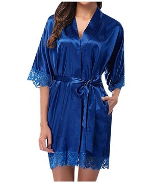 Robes Women Lingerie Robe Satin Lace Trim Sexy Kimono Robes with Inside Ties - Dark Blue - C518AGWN8UQ