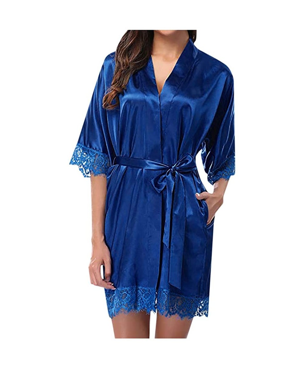 Robes Women Lingerie Robe Satin Lace Trim Sexy Kimono Robes with Inside Ties - Dark Blue - C518AGWN8UQ