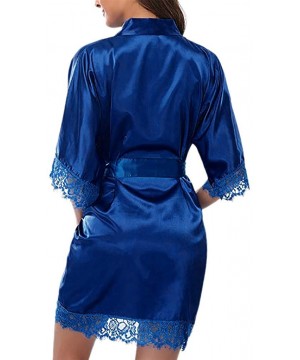 Robes Women Lingerie Robe Satin Lace Trim Sexy Kimono Robes with Inside Ties - Dark Blue - C518AGWN8UQ