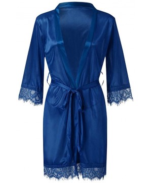 Robes Women Lingerie Robe Satin Lace Trim Sexy Kimono Robes with Inside Ties - Dark Blue - C518AGWN8UQ