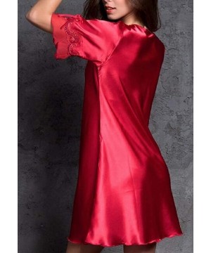 Nightgowns & Sleepshirts Women's Solid Fashion Short Sleeve V Neck Satin Loose Nightgown Nightwear - Red - C319DNL8KGN