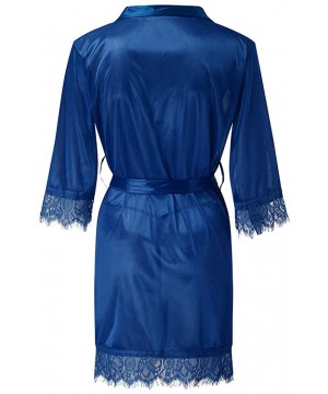 Robes Women Lingerie Robe Satin Lace Trim Sexy Kimono Robes with Inside Ties - Dark Blue - C518AGWN8UQ