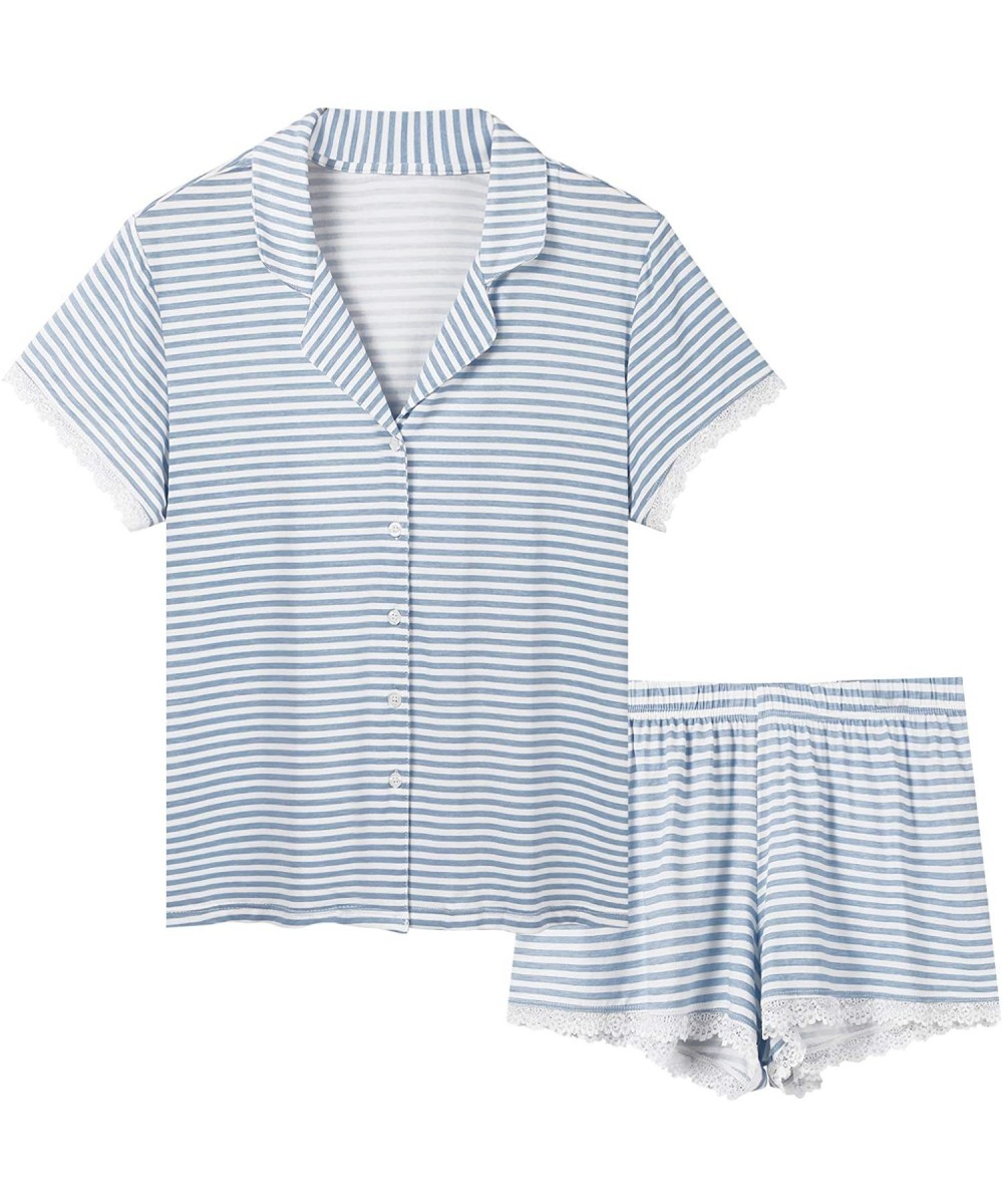 Sets Womens Pajamas Soft Bamboo - PJ Short Sets for Women - Short-blue Stripe - CM18WDKMR9T