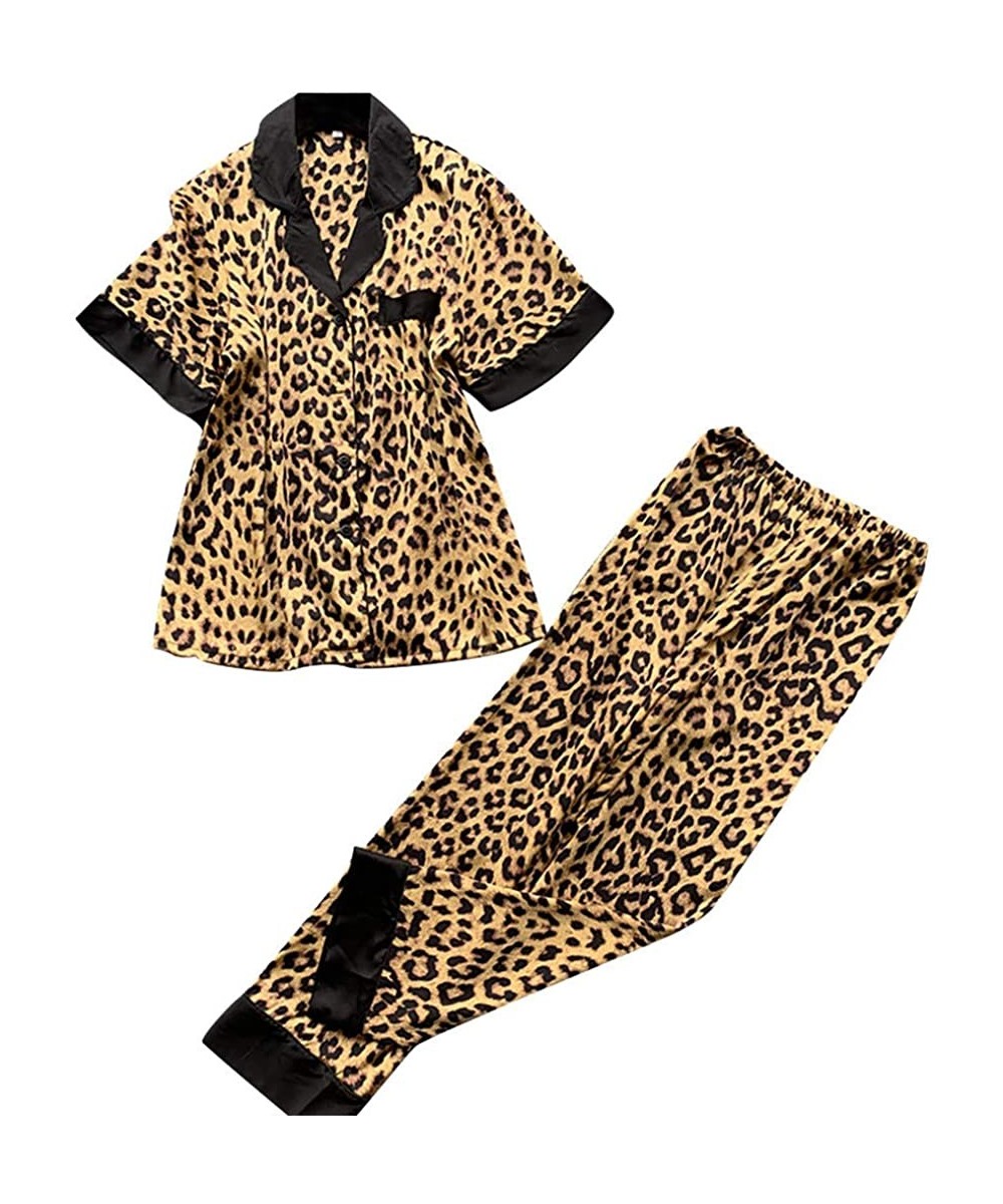 Sets Womens Pajamas Set Soft Leopard Print Short Sleeve Lingerie Button Down Nightwear and Pants 2 Pieces Outfits Sleepwear B...