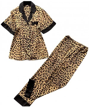 Sets Womens Pajamas Set Soft Leopard Print Short Sleeve Lingerie Button Down Nightwear and Pants 2 Pieces Outfits Sleepwear B...