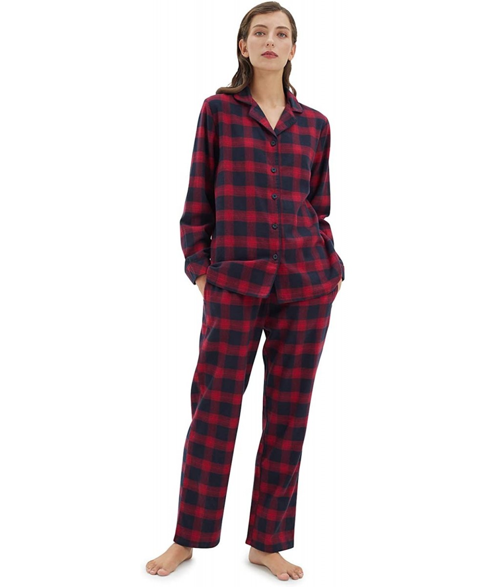 Sets Womens Flannel Pajamas Set 100% Cotton Pj Sets Sleepwear Loungewear - Red and Navy Plaid - CW18X036OC4