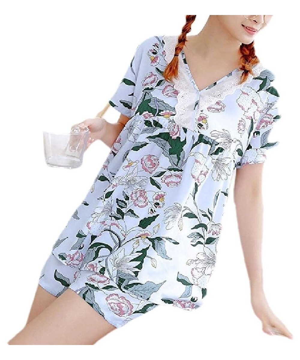 Sets Womens Printed Cotton Sleepwear Nightwear Shirt and Shorts Pajama Outfits - 8 - CV190LSLTN9