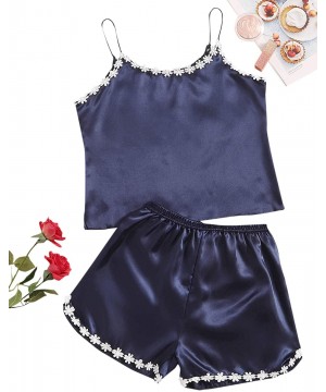 Sets Women's Floral Print Lace Satin Sleepwear Cami Top and Shorts Pajama Set - Navy - CY18WQL8OCU