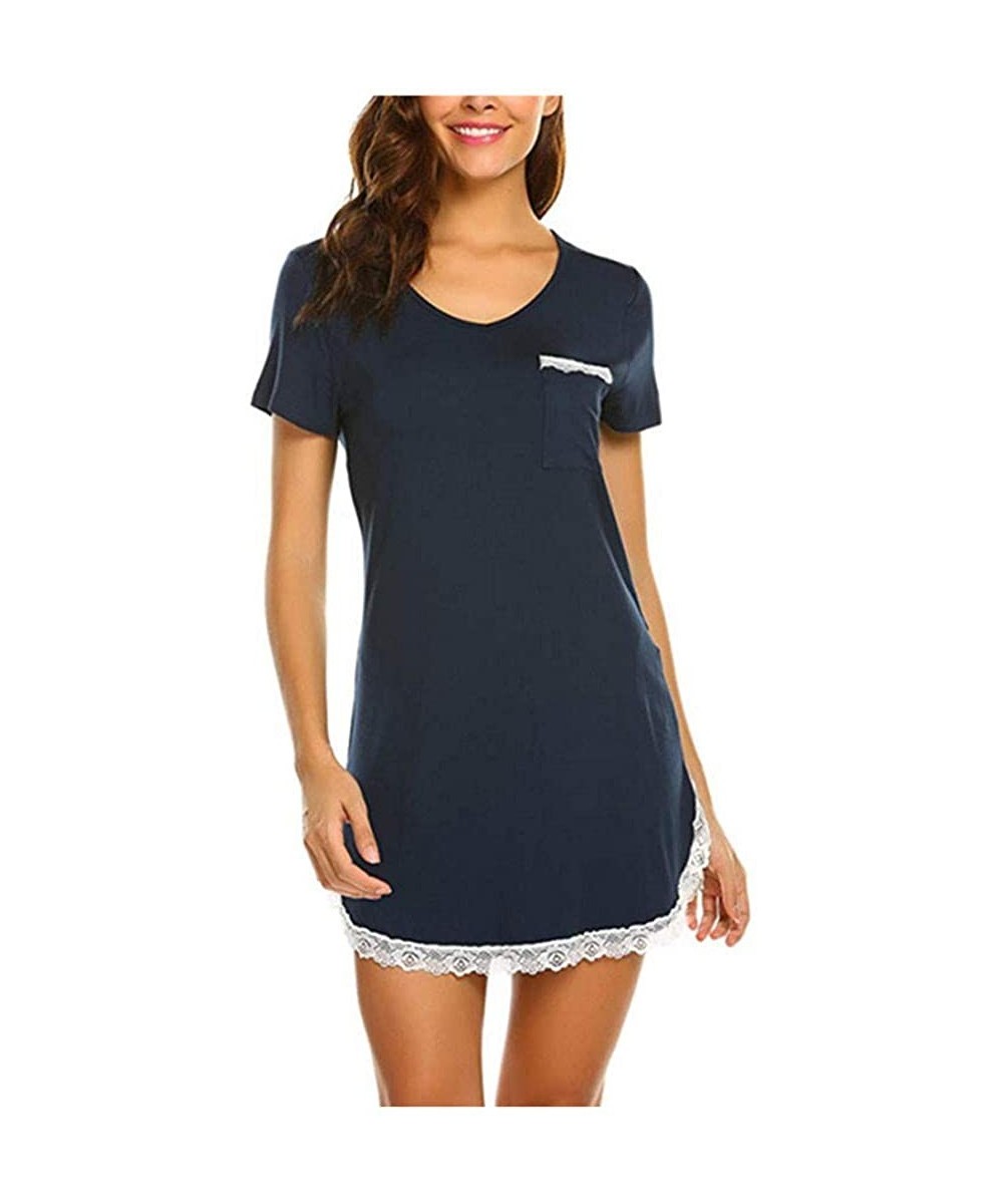 Shapewear Women Fashion Sleepwear V-Neck Short Sleeve Lace Solid Casual Sexy Summer Dress - Navy - C31992WAZQW