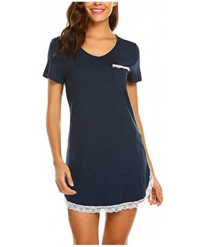 Shapewear Women Fashion Sleepwear V-Neck Short Sleeve Lace Solid Casual Sexy Summer Dress - Navy - C31992WAZQW