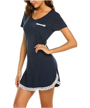 Shapewear Women Fashion Sleepwear V-Neck Short Sleeve Lace Solid Casual Sexy Summer Dress - Navy - C31992WAZQW