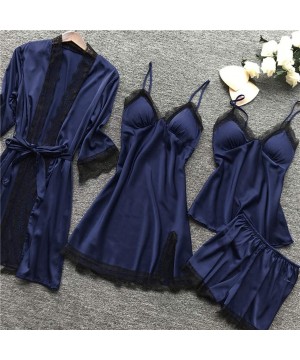 Sets Womens Comfy 4-Piece Pajamas Robes Set Long Sleeve Warm Sleepwear Soft Loungewea - Navy - CS1945N4E65