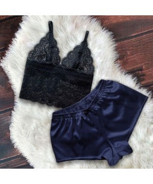 Sets Sleepwear for Women Sexy Satin Lace V Neck Camisole Bowknot Shorts Set Comfortable Pajamas Lingerie - Navy - C419654HLO0