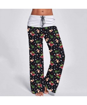 Bottoms Womens Christmas Comfy Casual Pajama Pants Elk Print Drawstring Sweatpants High Waist Wide Leg Lounge Pants Green - C...