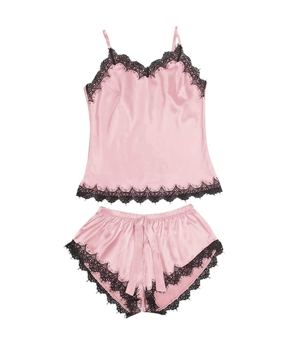 Sets Valentine's Day BBesty Women's Sexy Lace Bow Sleepwear Sleeveless Strap NightwearTrim Satin Pajama Sets - Pink - CS18O93...