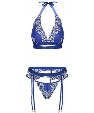 Bustiers & Corsets Sexy Women Embroidery Lace Bra Lingerie with Garter +Thong Sexy Underwear Set - Blue-a - CL1933WL5HH